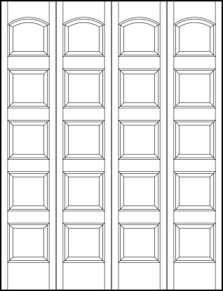 4-leaf bi-fold stile and rail interior wood doors with five equally sized sunken panels with top arch