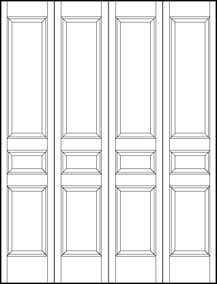 4-leaf bi-fold stile and rail interior wood doors with two vertical rectangles and small square center sunken panels