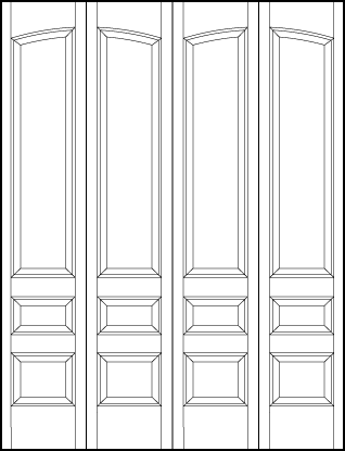 4-leaf bi-fold stile and rail front entry wood doors with arch top and three sunken panels