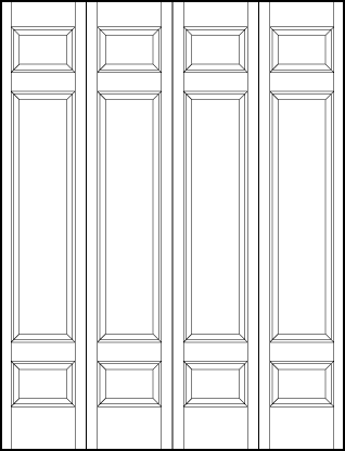 4-leaf bi-fold stile and rail front entry wood doors with small top and bottom squares and tall center sunken panels