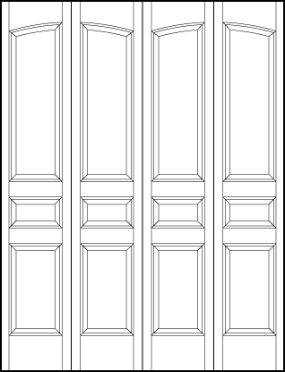 4-leaf bi-fold stile and rail interior wood doors with three vertical rectangle sunken panels and curved top panel