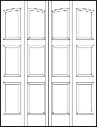 4-leaf bi-fold custom panel interior doors with six horizontal equal sunken panels with slight arch top
