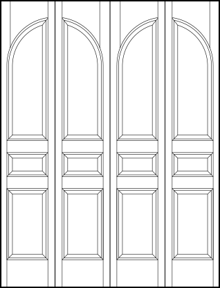 4-leaf bi-fold custom panel interior doors with six vertical sunken panels and half circle top arch
