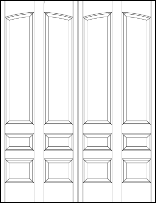 4-leaf bi-fold custom panel interior doors with three tall sunken panels with slight arch and four bottom squares