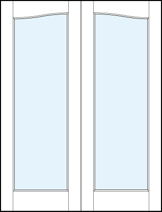 pair of interior glass modern french doors with common arch with one solid glass insert