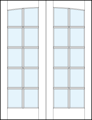 common arch pair French glass front doors with ten square true divided lites and slight rounded top panel arch