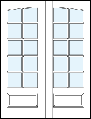 pair of interior glass french doors with common arch, ten square true divided lites and raised panel