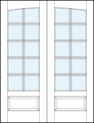 French glass common arch pair front doors with ten square true divided lites, slight rounded top panel arch and raised bottom panel pair