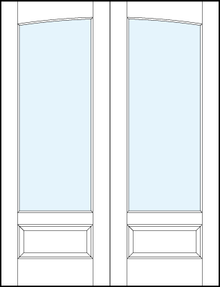 Pair of front entry glass french doors with common arch, one solid glass insert and raised bottom panel