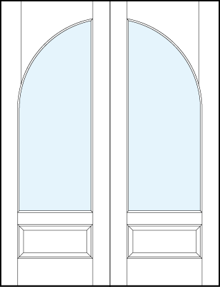 Pair of front entry glass french doors with common circle top panel and raised bottom panel
