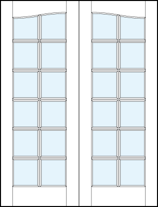 pair of interior glass french doors with common arch top, true divided lites design for 12 pane appearance