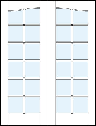 Pair of front entry glass french doors with common arch top, true divided lites design for 12 pane appearance