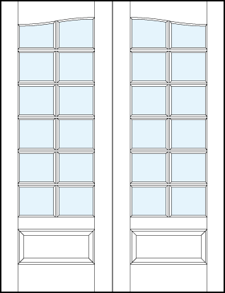 Pair of front entry glass french doors with common arch top and rectangle true divided lites with raised bottom panel