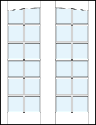 Pair of front entry glass french doors with common arch top panel and square true divided lites design