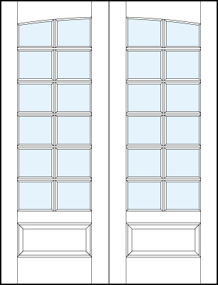 pair of interior glass french doors with common arch top panel, square true divided lites & bottom raised panel