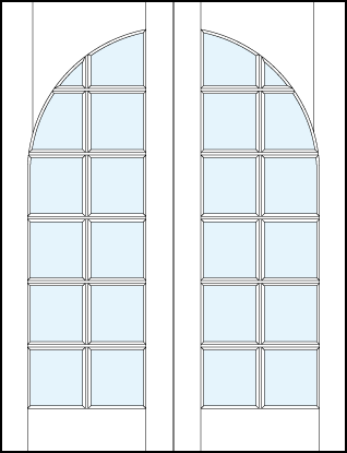 Pair of front entry glass french doors with common radius top panel and square true divided lites design