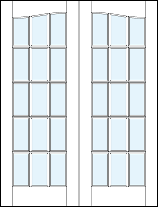 Pair of front entry french style doors with common cathedral top and 15 section square true divided lites design