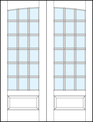 pair of interior glass french doors with common arch top panel, 18 true divided lites and raised bottom panel