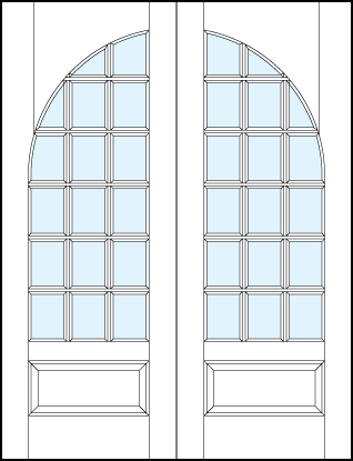 pair of interior glass french doors with common radius top panel, 18 true divided lites and bottom raised panel