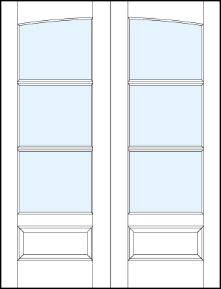 pair of front entry french doors with common arch top panel, three horizontal true divided lites and bottom panel