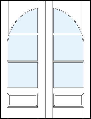 pair of interior french doors with common radius top panel, three horizontal true divided lites and bottom panel