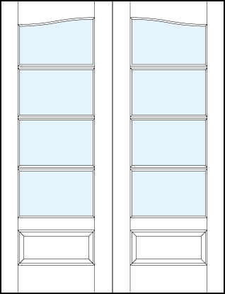 pair of front entry glass french doors with common cathedral top, four horizontal true divided lites and bottom panel