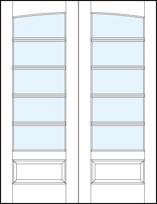 pair of interior glass french doors with common arch top panel, five horizontal true divided lites and bottom panel