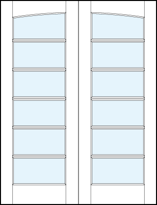 pair of glass center front entry french doors with common curved arch top panel and six horizontal true divided lites