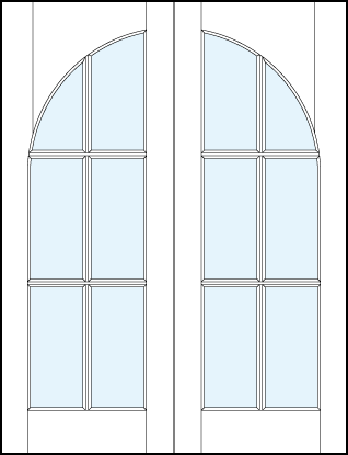 pair of custom interior glass french doors with common radius top panel and 6 true divided lites