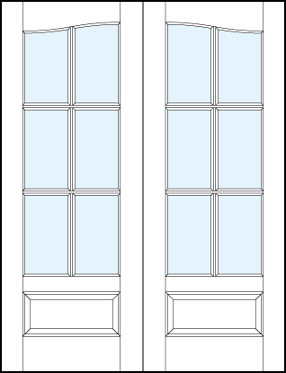 pair of custom interior glass french doors with common arch, six true divided lites and raised bottom panel