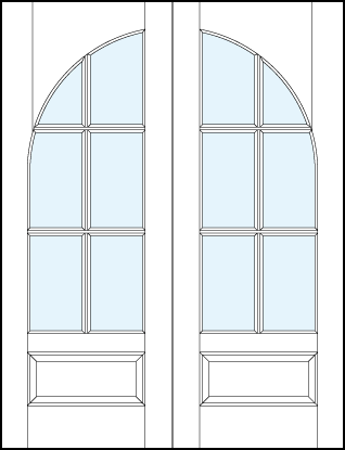 pair of custom interior glass french doors with common radius top panel, six true divided lites and bottom panel