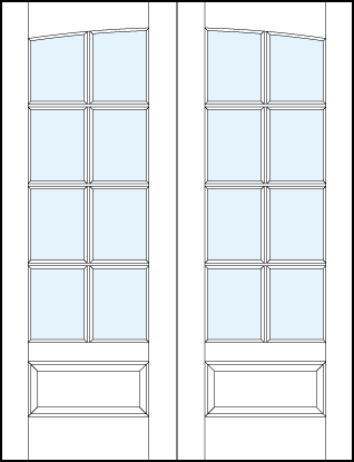 pair of custom front glass french doors with common arch top panel, 8 true divided lites and bottom panel