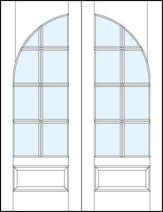pair of custom front glass french doors with common radius top panel, 8 true divided lites and bottom panel