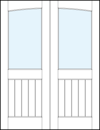 pair of front entry panel doors with common arch top panel, glass top panel and bottom panel with vertical slats