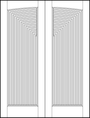pair of art stile and rail deco custom interior doors with common curved arch and forced perspective vertical tambour