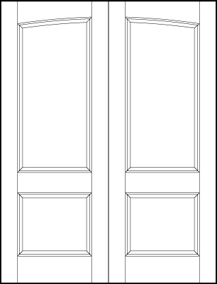 pair of stile and rail interior door with common curved arch, top sunken rectangle and bottom sunken square