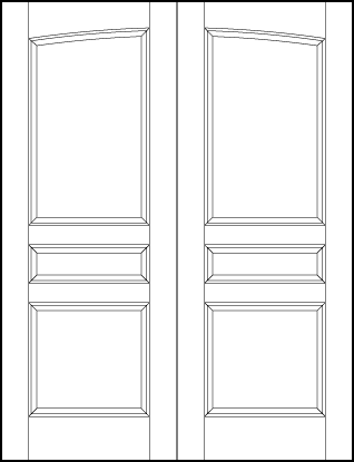 pair of front entry doors with common arch, square bottom, horizontal center, and top arched rectangle sunken panels