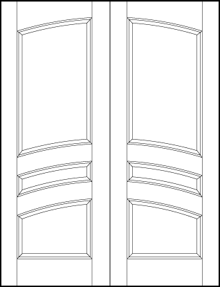 pair of stile and rail front entry doors with common arch, and three horizontal curved panels