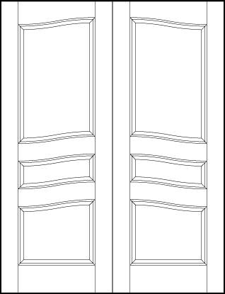 pair of stile and rail entry doors with common arch, square bottom, middle small rectangle, and large top arched panels