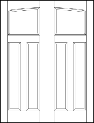 pair of front entry flat panel doors with common arch, curved arch top square and sunken vertical tall bottom rectangles