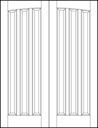 pair of interior flat panel doors with common curved arch top and three sunken vertical parallel tall rectangles