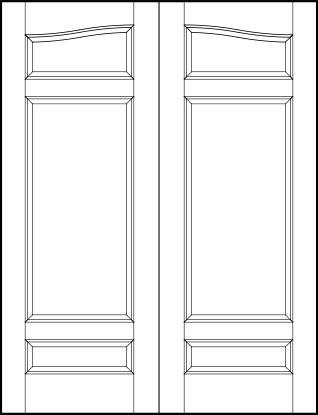 pair of front entry flat panel doors with common arch, horizontal top and bottom rectangles with center sunken panel