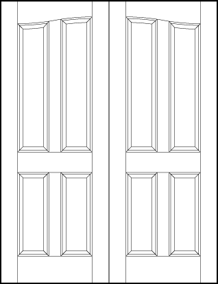 pair of interior flat panel doors with common arch, two tall and two medium vertical sunken rectangle panels