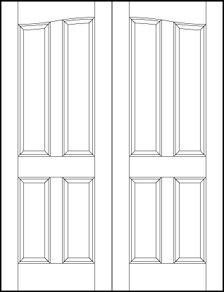 pair of front entry flat panel doors with common arch, two tall and two medium vertical sunken rectangle panels