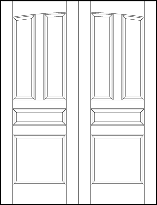 pair of interior flat panel doors with common arch, tall top panels, horizontal center, and square bottom sunken panels