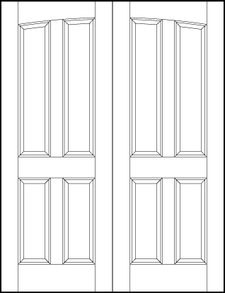 pair of interior flat panel doors with common arch, two top curved vertical and two bottom sunken panels