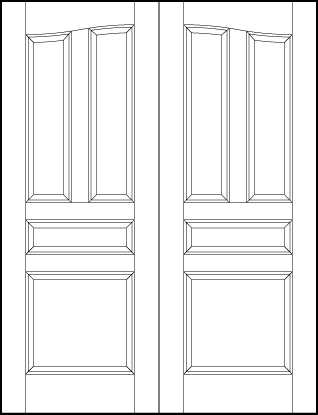 pair of front entry doors with common arch, two vertical top panels, horizontal center and square bottom sunken panels