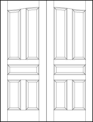 pair of stile and rail front entry wood doors with common arch, tall vertical top, small center and medium tall panels