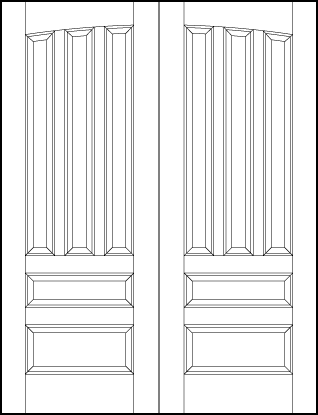 pair of stile and rail interior wood doors with common arch, three top panels with small and medium bottom panels