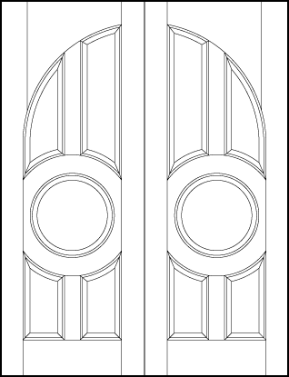 pair of stile and rail interior wood doors with common radius top and four tall arched panels around circle center panel 